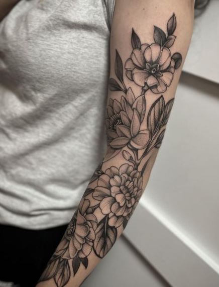 Black Water Lilies Bouquet Arm Tattoo