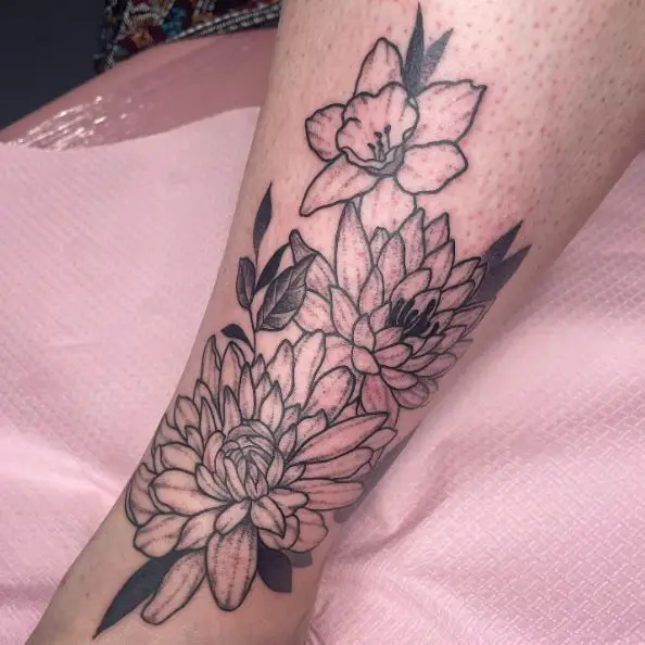 Black and Grey Water Lilies Bouquet Leg Tattoo