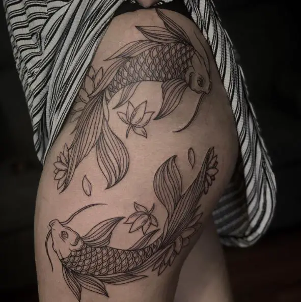 Flowers and Koi Fishes Hip Tattoo