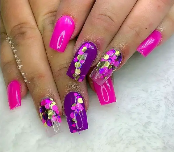 Hot Pink and Purple Acrylic Nails