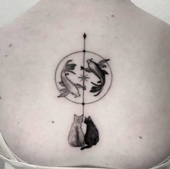 Cats and Koi Fishes Spine Tattoo