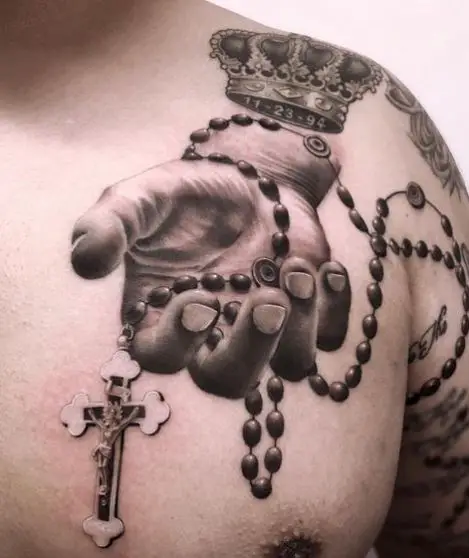 Rosary Tattoo with Crown on the Chest