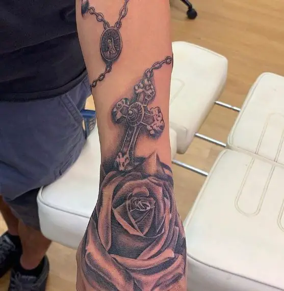 Free Hand Rosary Tattoo with a Rose