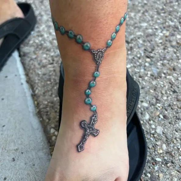 Blue Rosary Tattoo Around Ankle