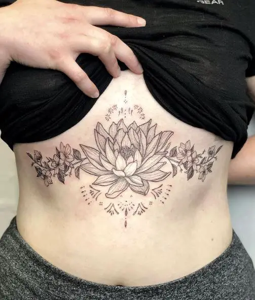 Blossoms and Water Lily Stomach Tattoo