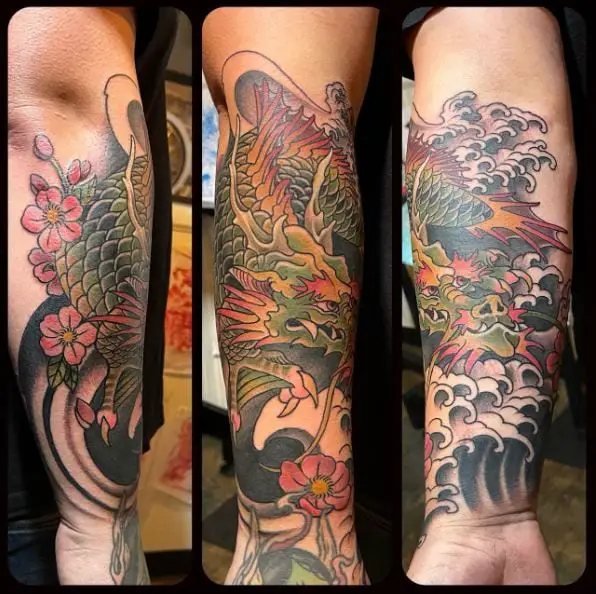 Dragon Koi Fish Arm Sleeve Tattoo