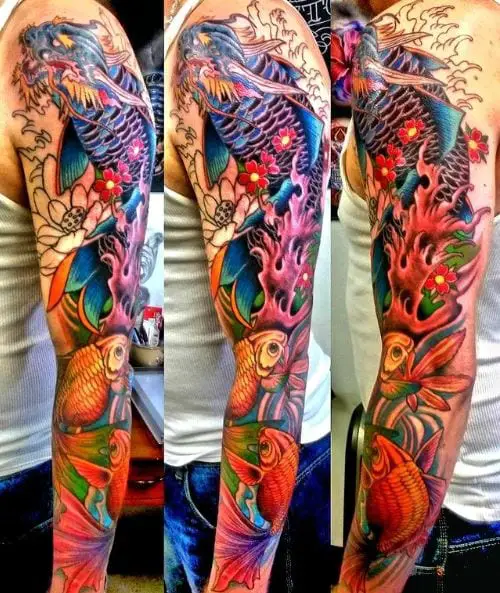 Colorful Dragon Koi Fish Arm Sleeve Tattoo