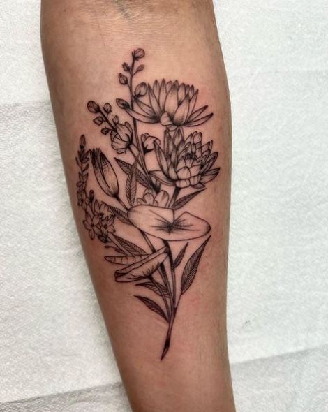 Shaded Water Lily Bouquet Tattoo with Lily Pad and Branches