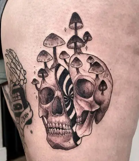 Divided Skull Tattoo with Mushrooms 