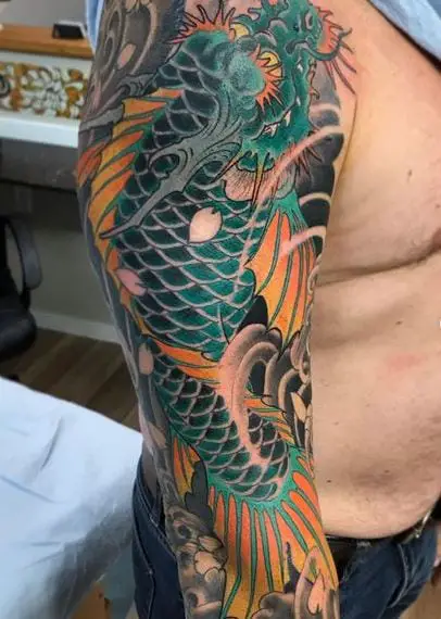 Green Dragon Koi Fish Full Sleeve Tattoo