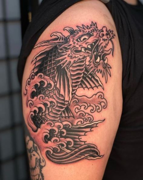 Black and Red Dragon Koi Fish Tattoo