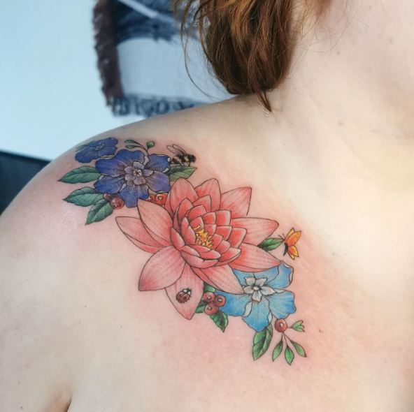 Colorful Water Lilies Bouquet Shoulder Tattoo