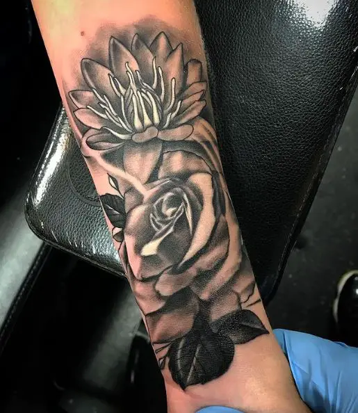 Grey Water Lilies Bouquet Arm Tattoo