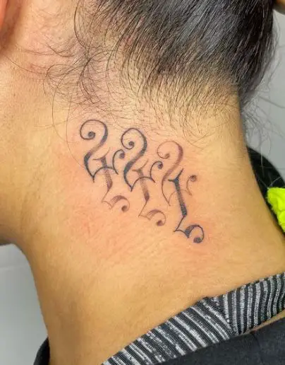 222, 444, 555 Combination Tattoo on the Neck