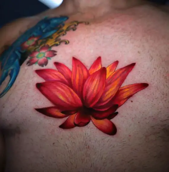 Lotus Flower and Blue Koi Fish Chest Tattoo