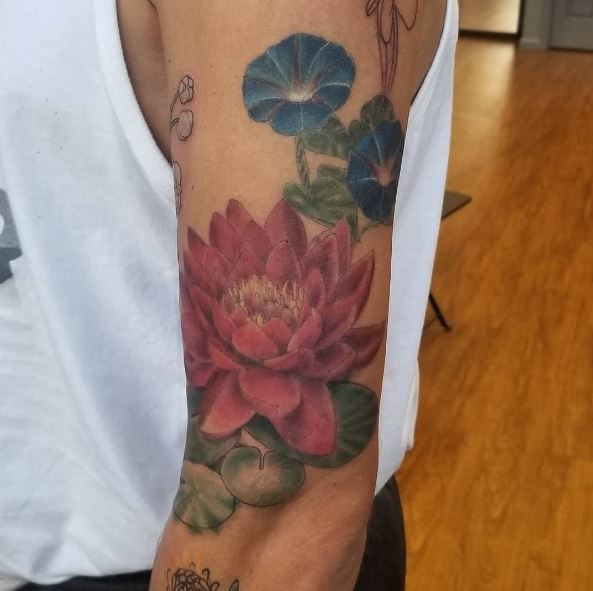 Colorful Water Lilies Bouquet Biceps Tattoo