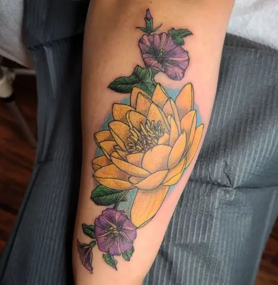 Yellow and Violet Water Lilies Bouquet Forearm Tattoo