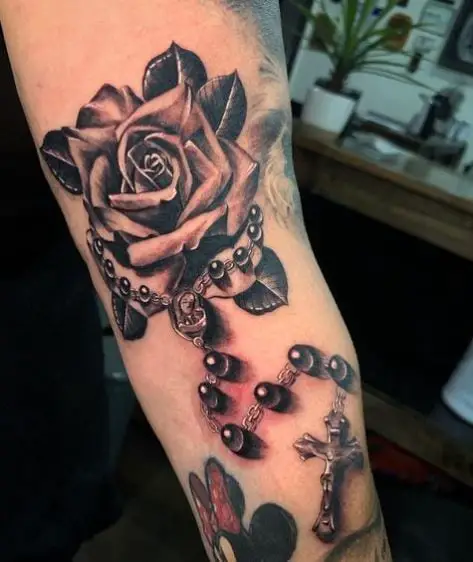 Rose and Rosary Tattoo on Arm
