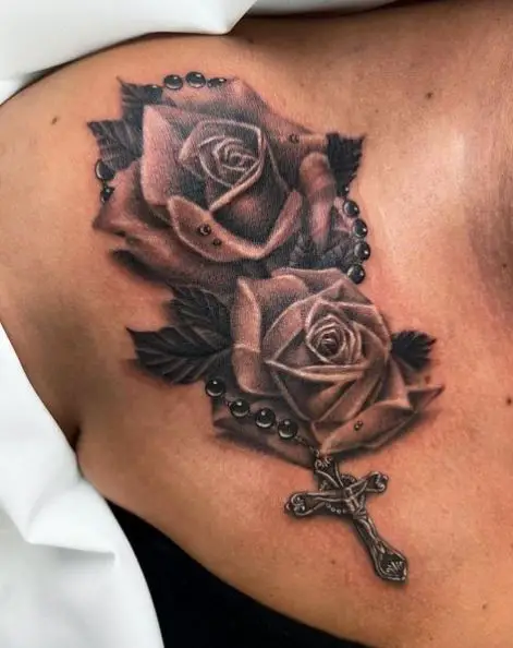 Roses and Rosary Tattoo on Chest