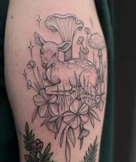 Tattoo of Mushrooms, Deer, and Flowers