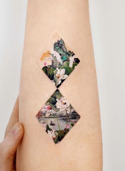 Small Colored Water Lily Pond Arm Tattoo