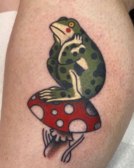 Green Frog on Mushroom Tattoo