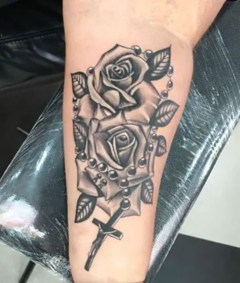 Roses with Rosary Forearm Tattoo