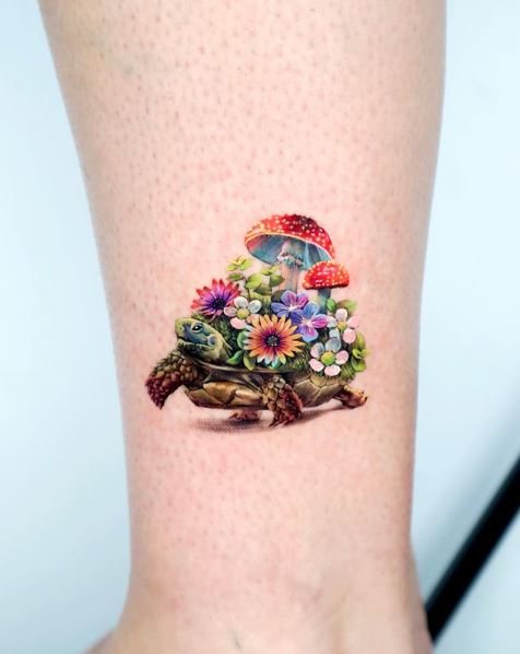 Mushrooms on Turtle Colorful Tattoo