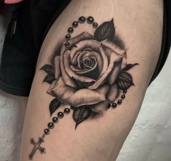 Black & Grey Rosary Tattoo with Rose