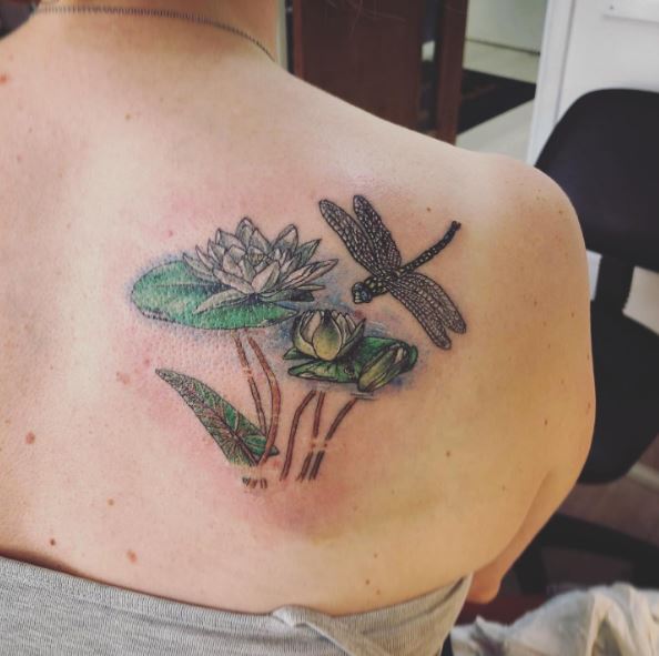 Dragonfly and Water Lily Pond Shoulder Tattoo