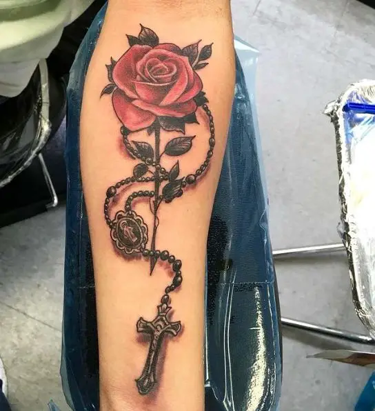 Rosary Tattoo with Red Rose