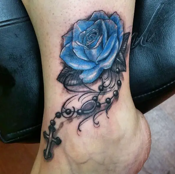 Rosary Tattoo with Blue Rose