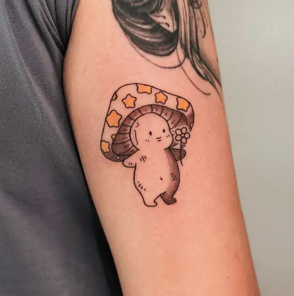 Cute Mushroom Holding Flower Tattoo