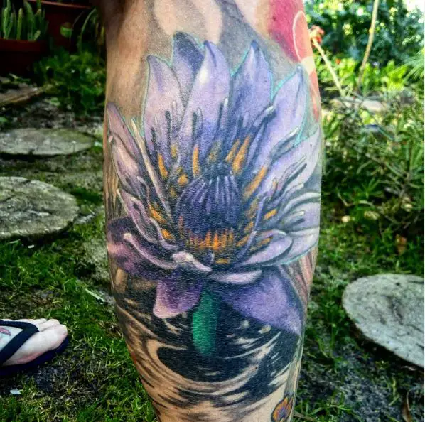 Big Colorful Water Lily Pond Leg Tattoo