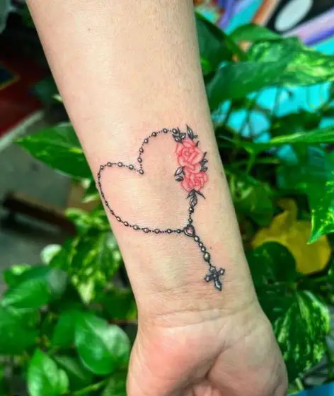 Heart-Shaped Rosary and Red Rose Tattoo
