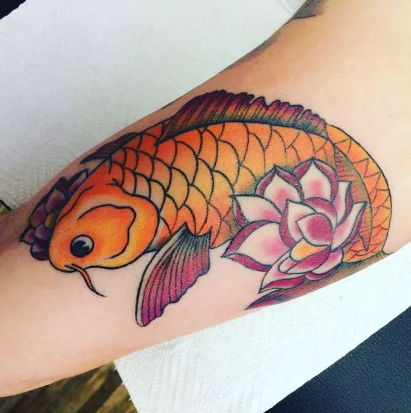 Orange Koi Fish and Water Lily Arm Tattoo