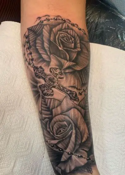 Roses and Rosary Forearm Tattoo