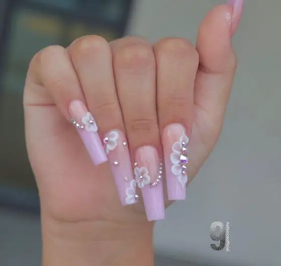 Extra Long Square Nails with Flowers