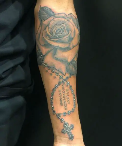Rose and Rosary Tattoo on Arm