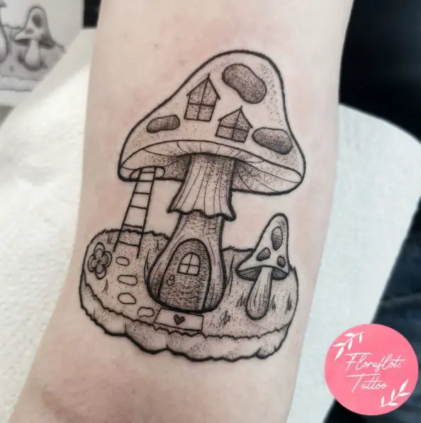 Mushroom House with Ladder Tattoo
