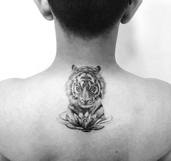 Tiger and Water Lily Pond Back Tattoo