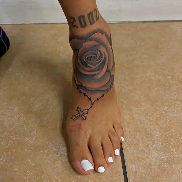 Rose and Rosary Tattoo on the Foot