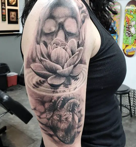 Skull and Water Lily Arm Sleeve Tattoo