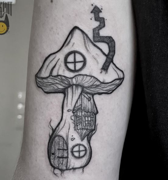 Mushroom House with Chimney Tattoo