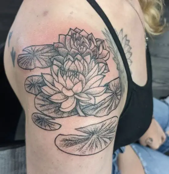 Water Lily Pond Shoulder Tattoo with Lily Pads