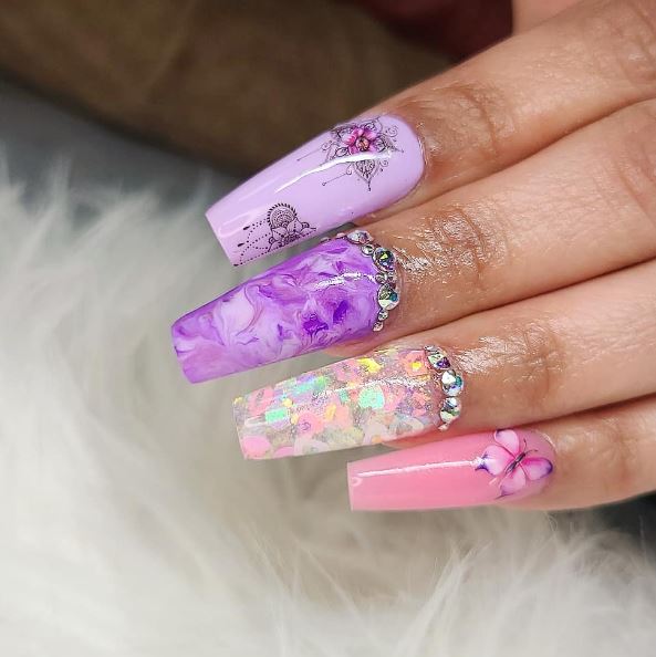 Purple Nails with Flowers