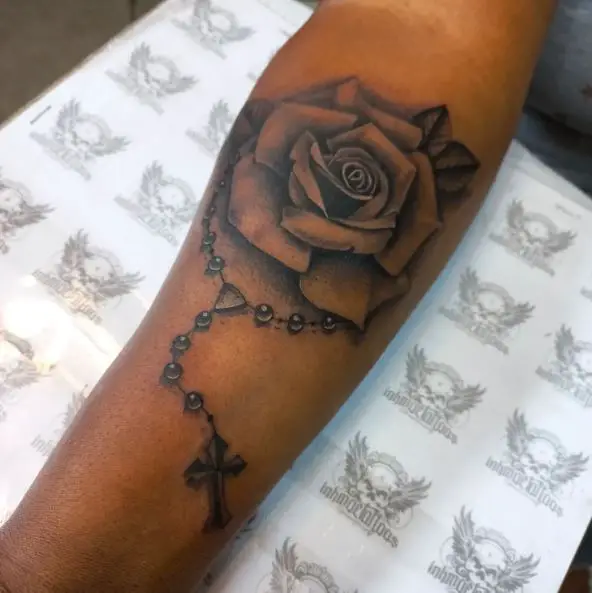 Big Rose with Rosary Tattoo