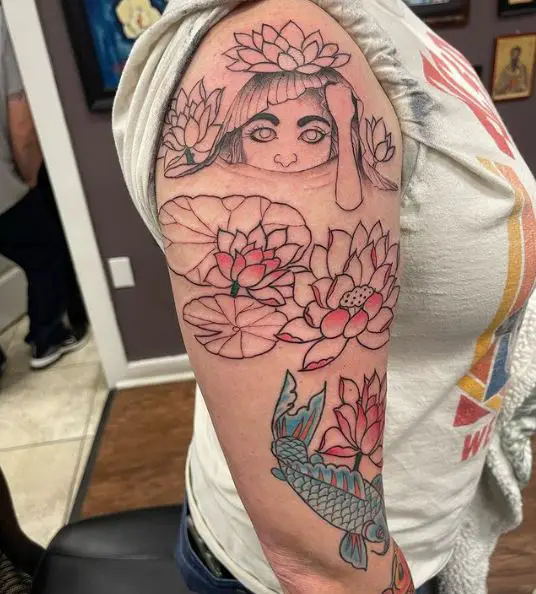 Little Girl and Water Lily Pond Arm Tattoo