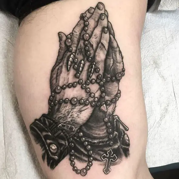 Black & Grey Rosary Tattoo with Praying Hands