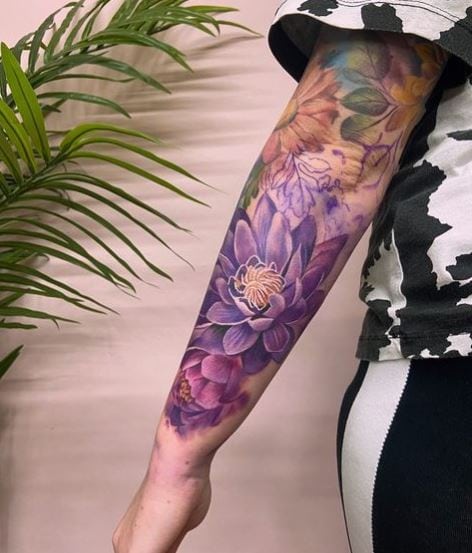 Colorful Water Lilies Arm Sleeve Tattoo